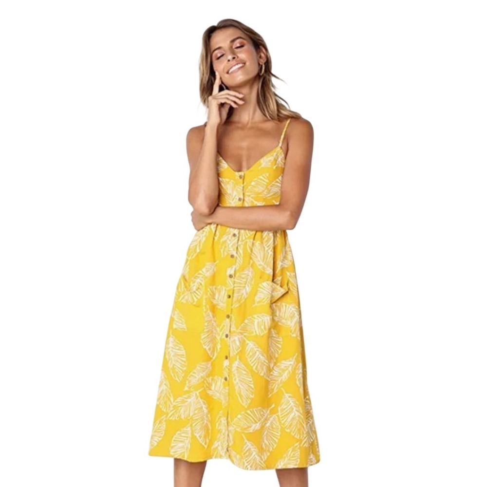 Yellow Tropical Leaf Button Front Midi Sun Dress‎ Smocked Back Medium